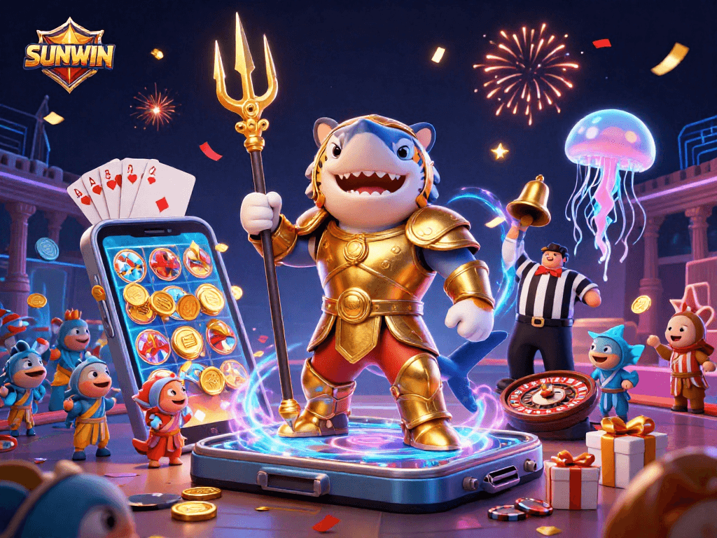 SUNWIN offers a vibrant illustration of an underwater casino battle featuring a fierce shark in armor.