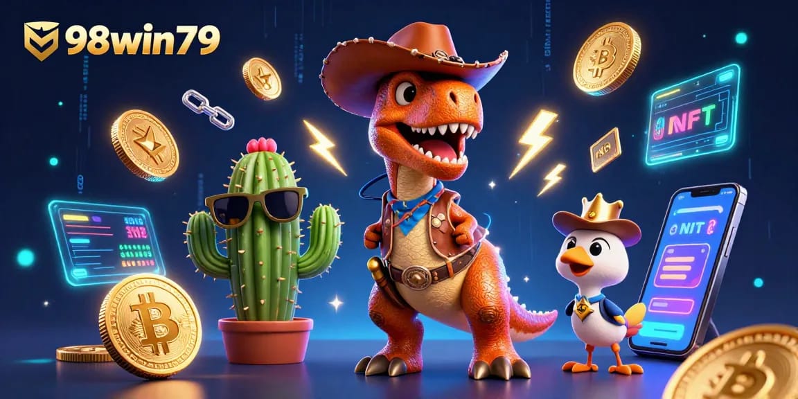 Engage with 98win79's thrilling casino energy through vibrant elements of play and luck in a dynamic 3D illustration.