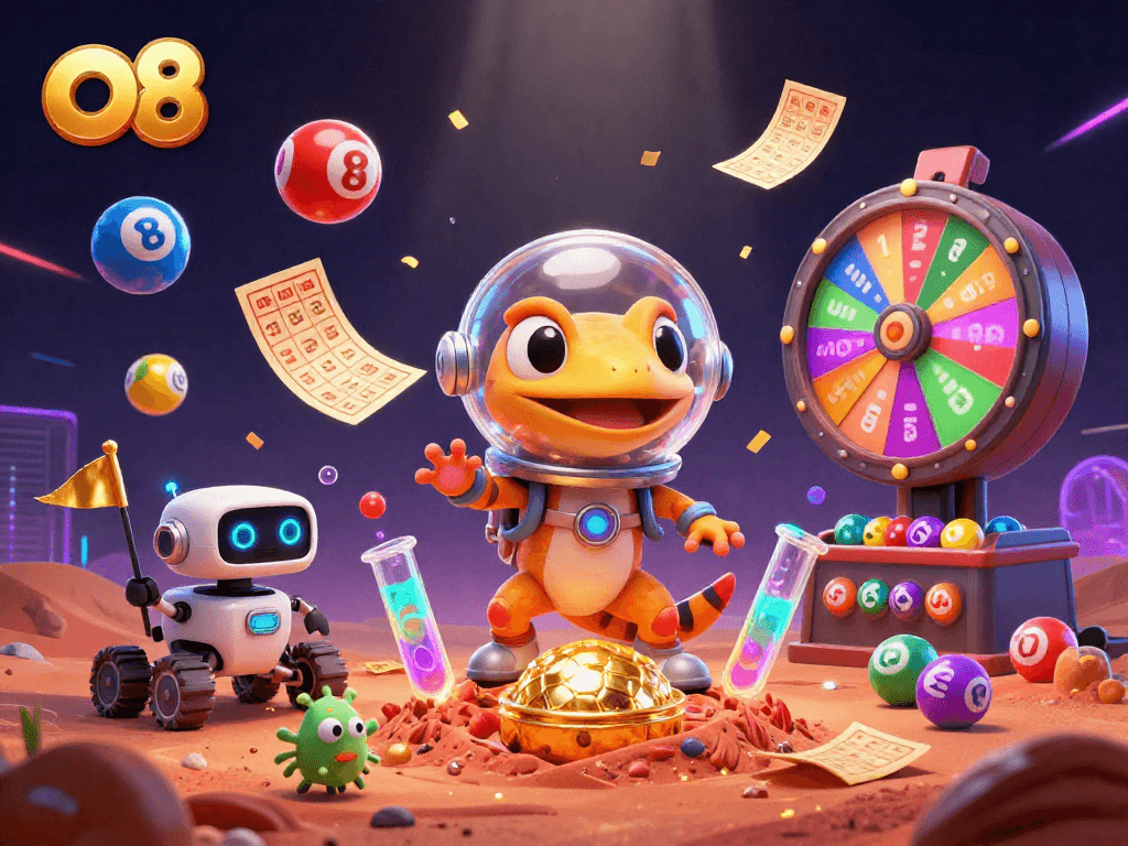 Experience thrilling winnings at O8, a vibrant casino world featuring lottery balls, golden tickets, and playful characters.