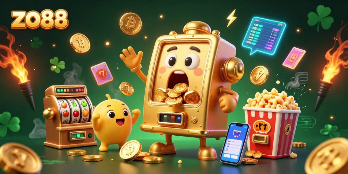 Spin to win with zo88's golden slot machine celebrating jackpots amidst cheerful companions.