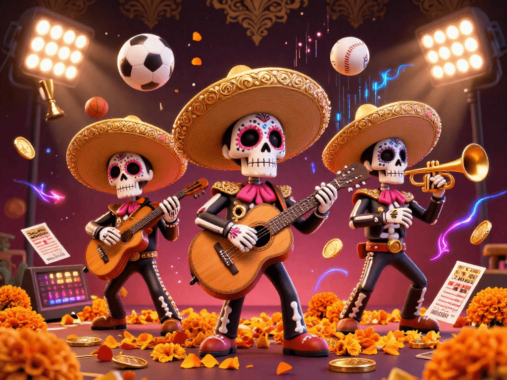 Spin to win with SV66, featuring a vibrant mariachi band amidst flying sports elements in a dazzling casino backdrop.