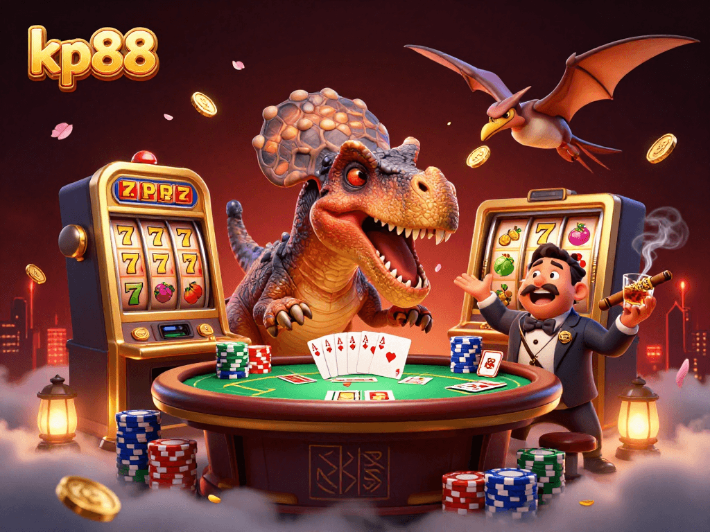 Experience kp88 casino action as animated dinosaurs collide with slot machines, capturing thrilling moments.