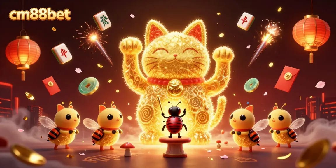 Experience excitement with cm88bet's vibrant golden lucky cat and casino symbols in a dynamic scene.
