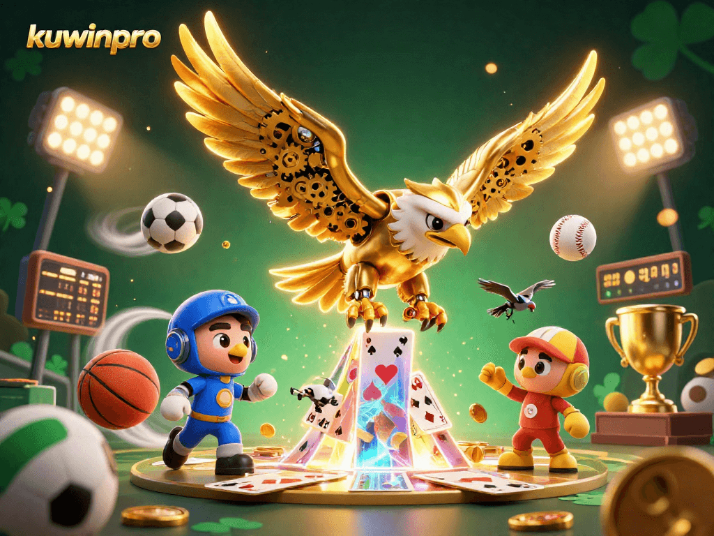 Sparkling scene of kuwinpro's dynamic gambling world featuring a golden eagle and sports elements.