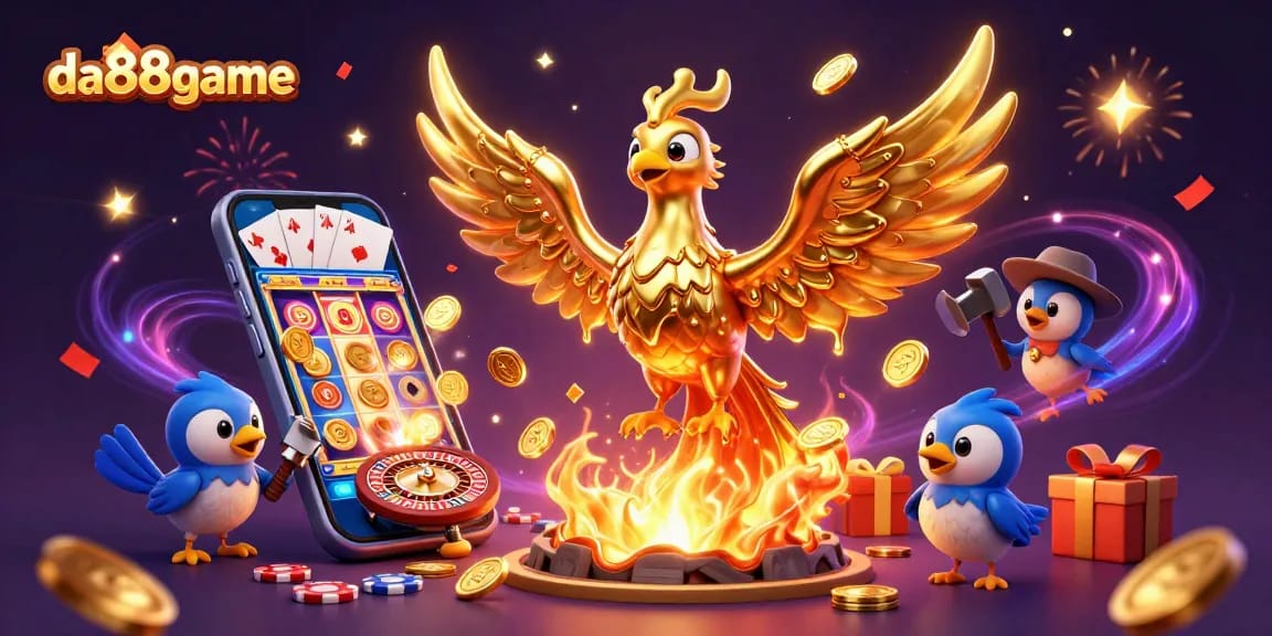 Experience the thrill of da88game as a molten phoenix unleashes golden coins and vibrant gaming elements.