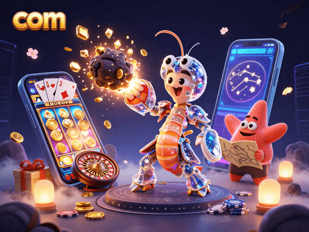 Engage with com in an exciting casino scene featuring a 3D mantis shrimp character amidst golden jewels and casino games.
