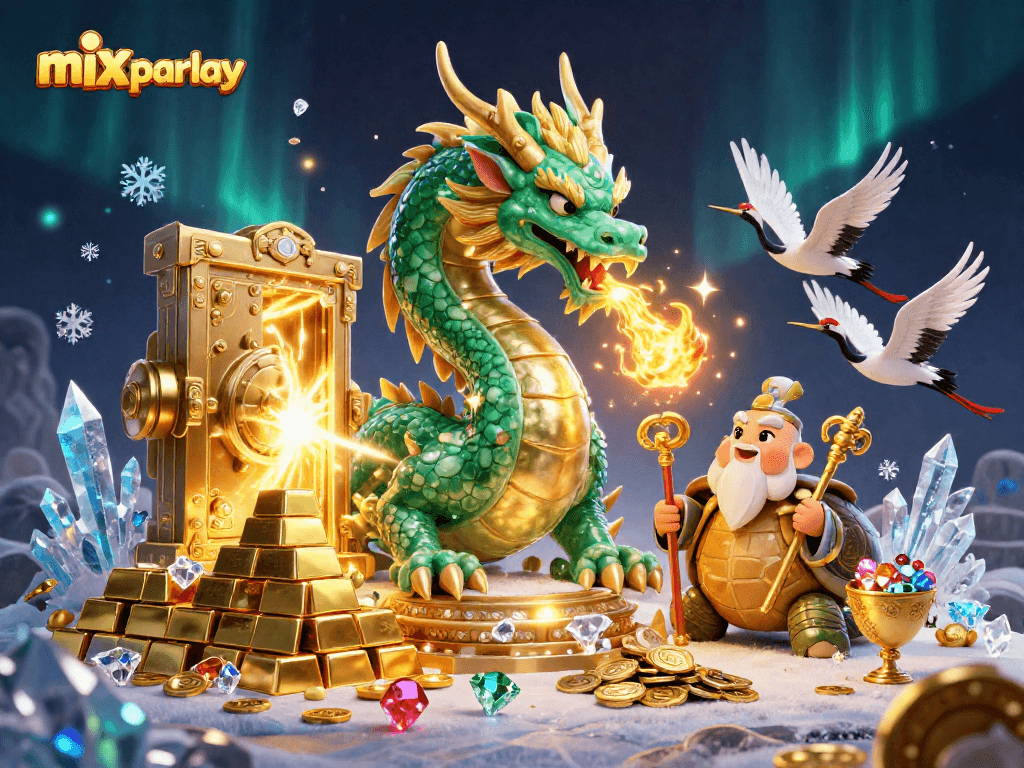 Engage in mix parlay betting with this vibrant, artistic illustration featuring mythical elements and dynamic treasures.