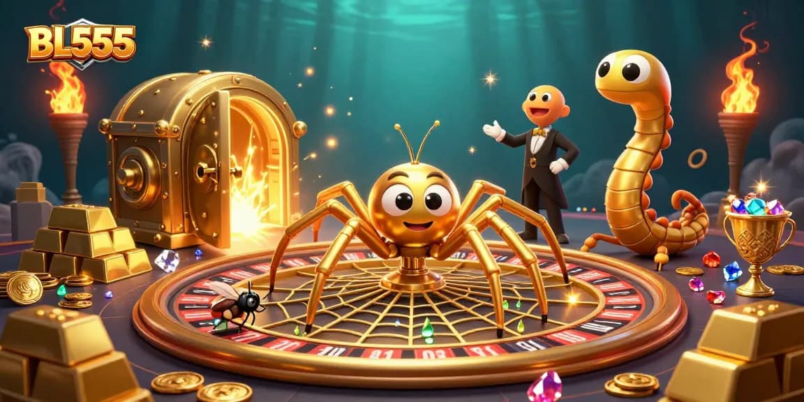 Experience thrilling betting action at BL555 with a golden spider and centipede croupier amidst riches.