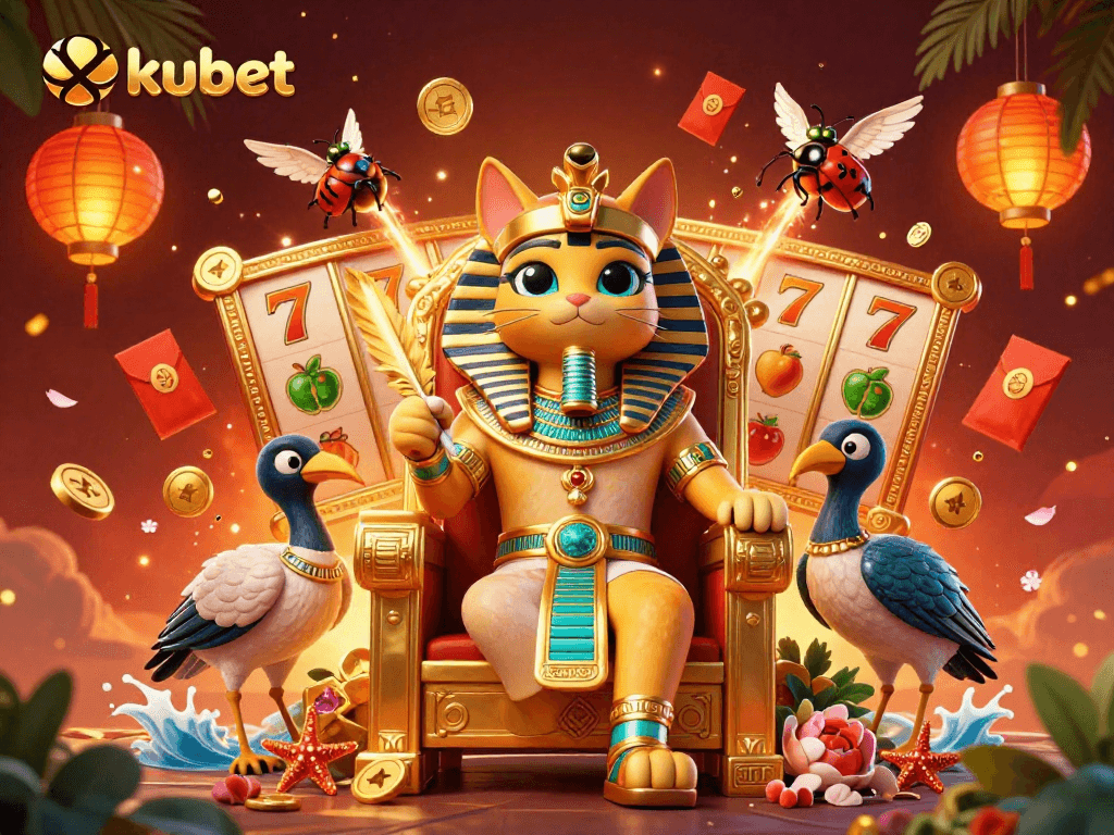 Engage with kubet's vibrant casino scene featuring a pharaoh cat surrounded by slot reels and gold