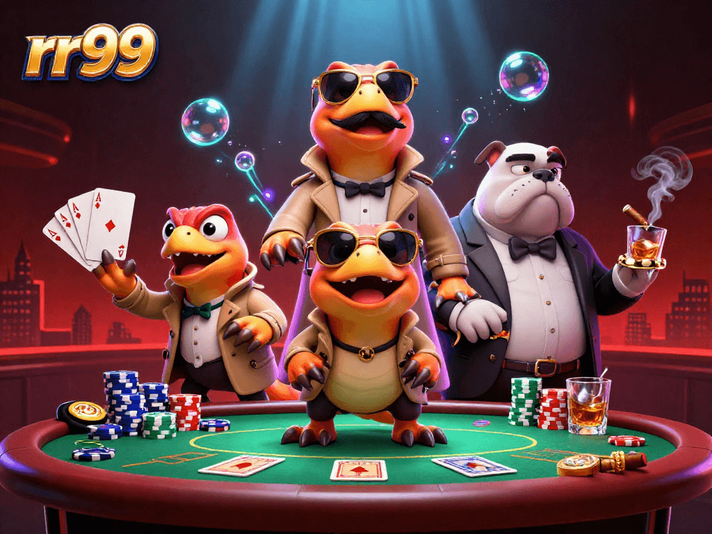 rr99 raptors attempting to sneak into a VIP casino lounge, highlighting gambling elements and vibrant scene