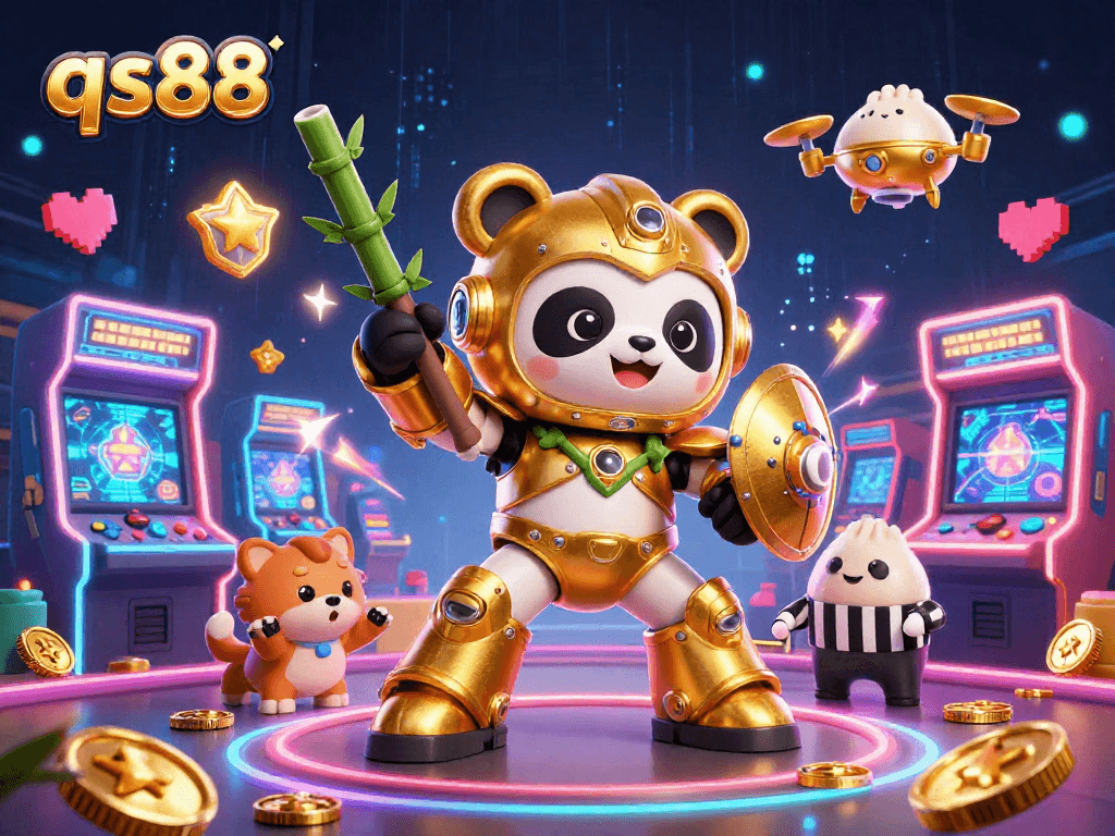 Experience thrilling gameplay at qs88 with a dynamic illustration of the golden panda robot in action.