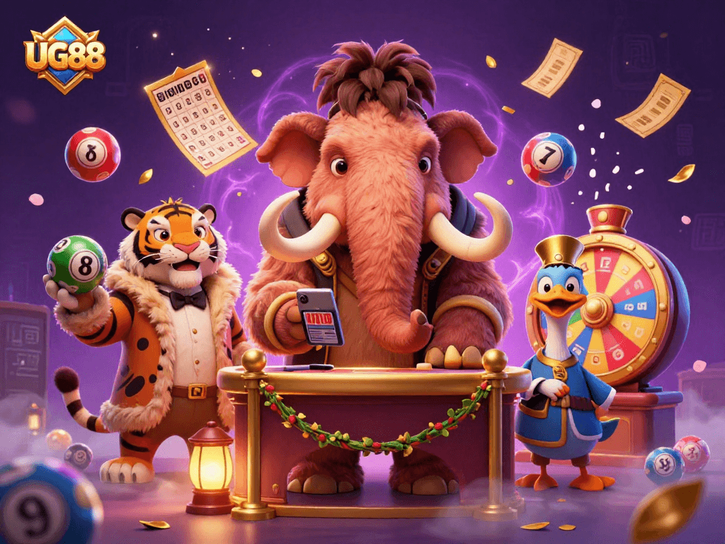 Experience vibrant gambling action at UG88 with a woolly mammoth bouncer, VIP saber-tooth guest, and energetic game elements.