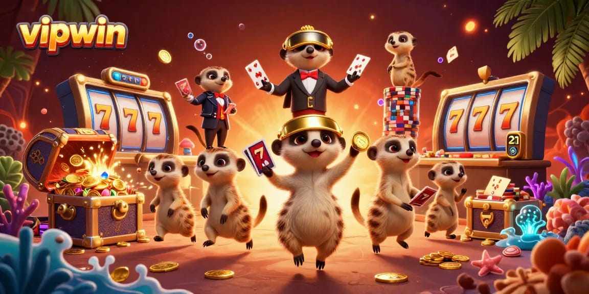 Experience thrilling gaming action at vipwin with playful meerkats managing a bustling casino atmosphere.