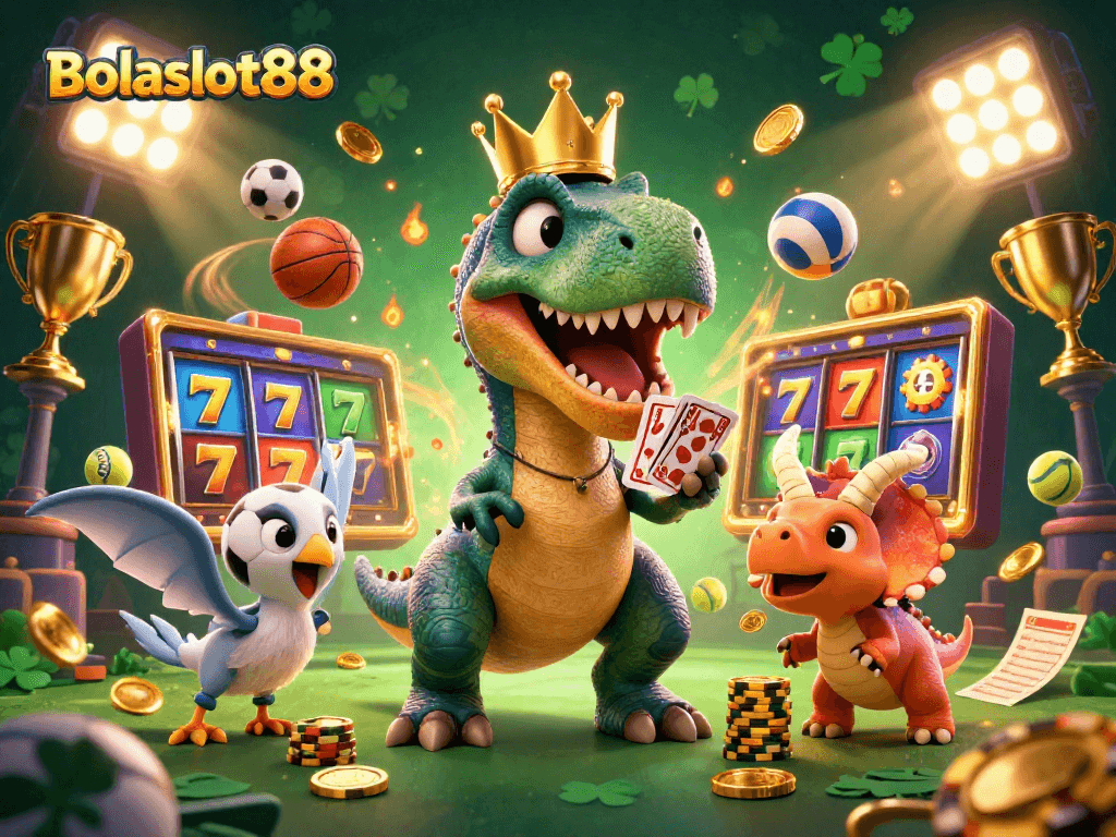Bolaslot88 showcases an entertaining 3D scene of a T-Rex shuffling cards alongside a pterodactyl and a triceratops, highlighting excitement in online gaming.