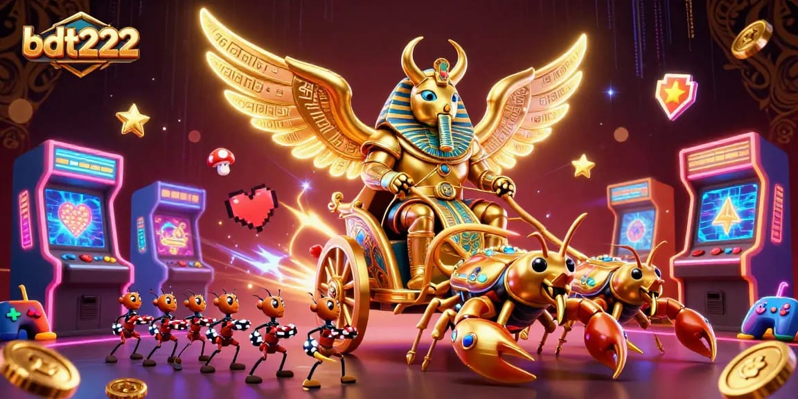 Experience thrilling gaming adventures with bdt222, featuring a colossal golden scarab in a vibrant casino scene.