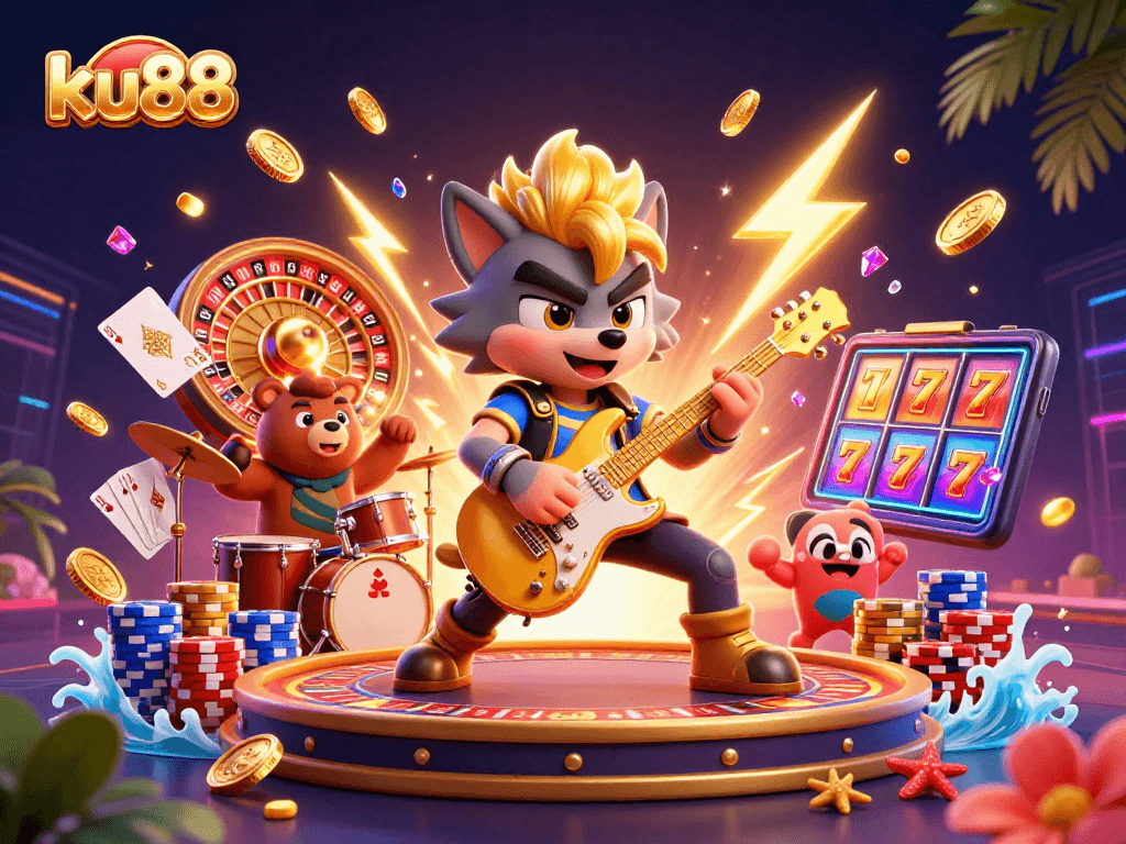 ku88 rock star wolf rocking out on stage with vibrant casino elements, celebrating the gaming experience.