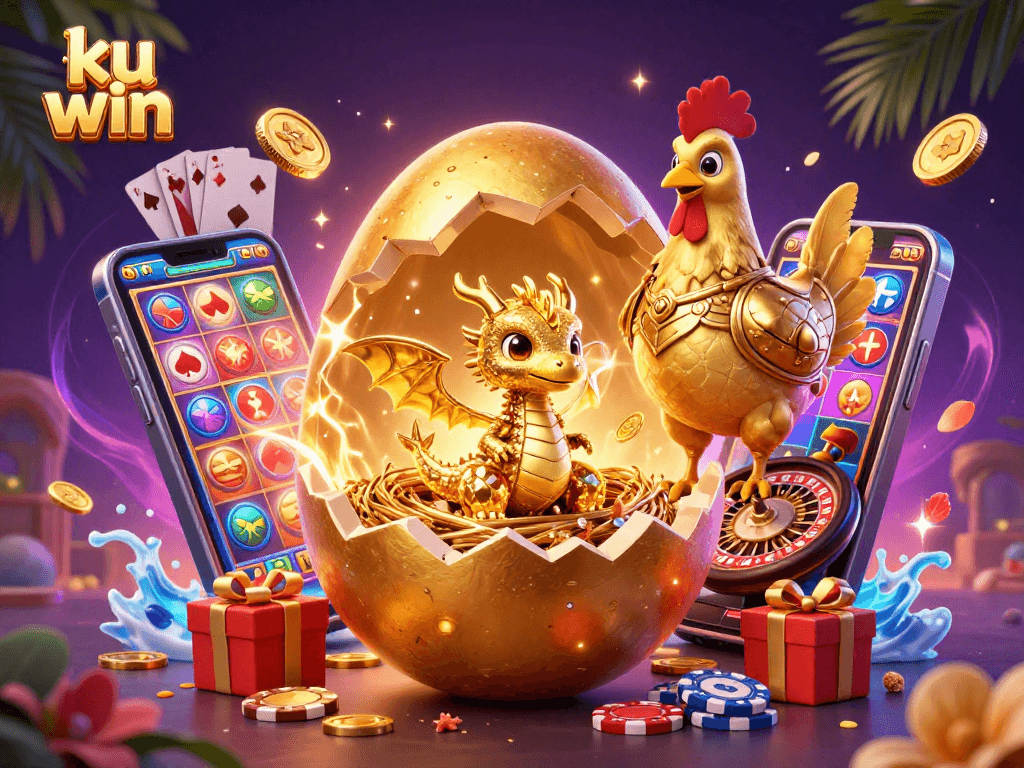 Experience ku win with a golden dragon emerging from a nest of poker chips amidst vibrant casino elements.