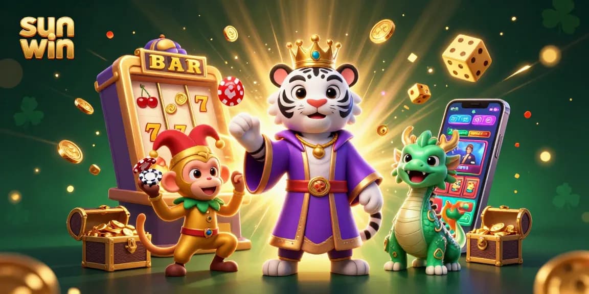 Experience the thrill of sun win with unique characters and vibrant casino elements in a dynamic 3D scene.