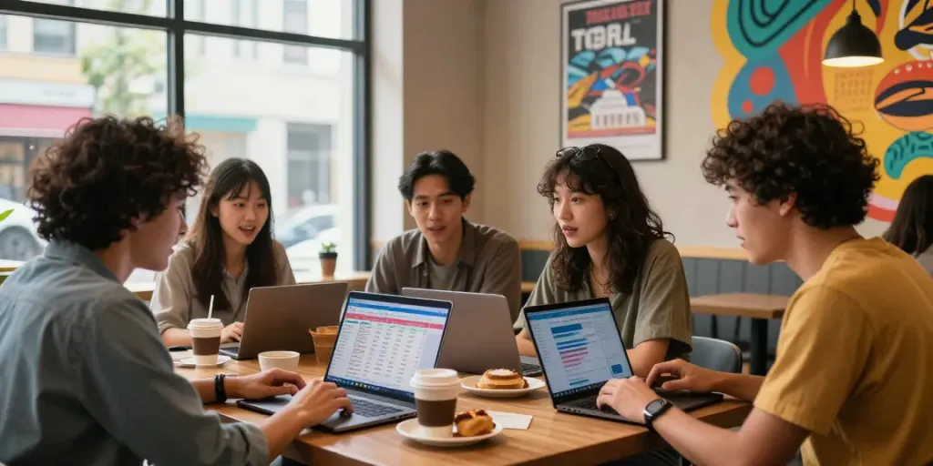 Group of friends strategizing togel bets in a lively coffee shop.