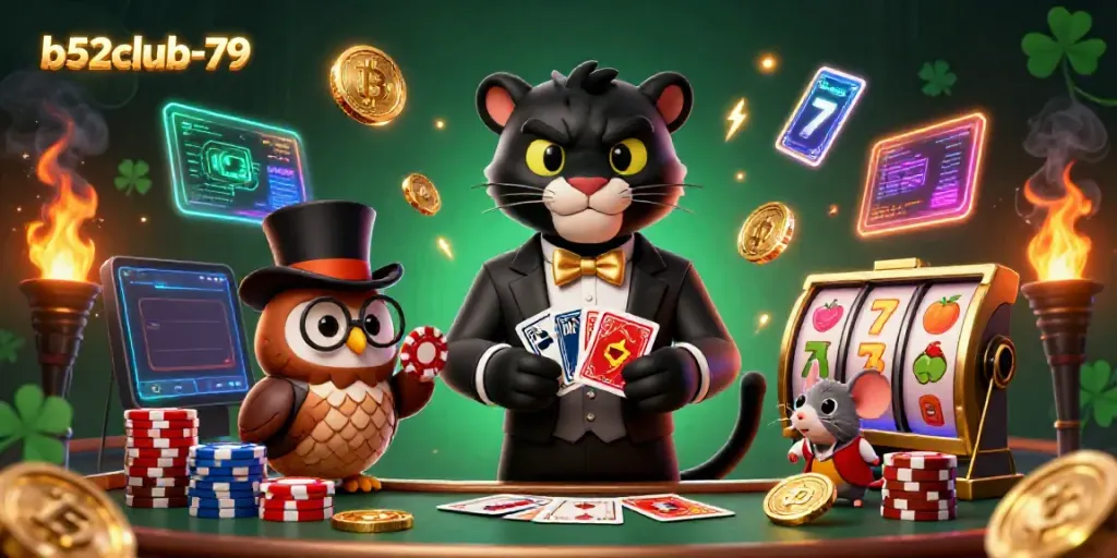 Battling for wins, b52club-79 showcases a vibrant casino scene with animated characters, cards, and crypto coins.