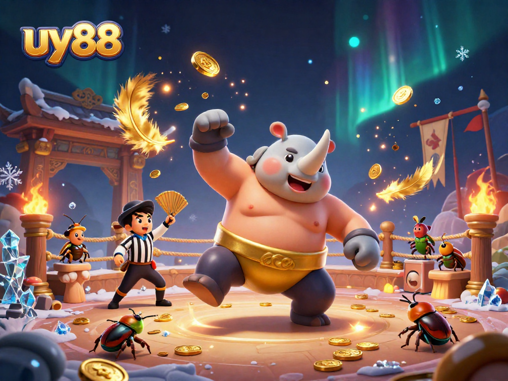 Experience the excitement of uy88 casino games as a sumo champion stomps coins in victory.