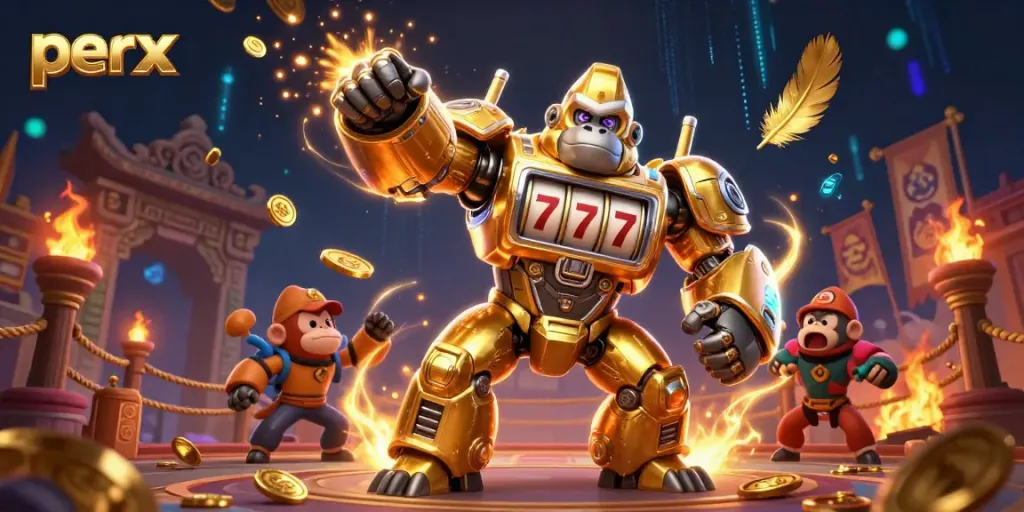 Experience the thrilling perx games with a golden gorilla mech and vibrant casino elements