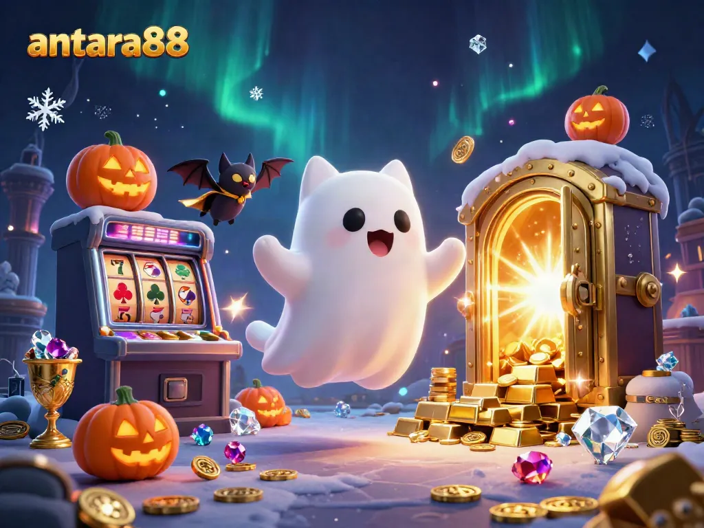 Experience the excitement of antara88 with a lively 3D casino scene featuring a playful ghost cat and treasures.