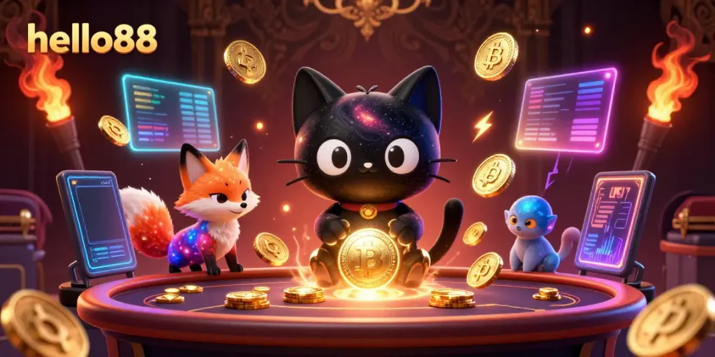 Engage with hello88's vibrant cosmic casino featuring captivating characters and golden game elements.