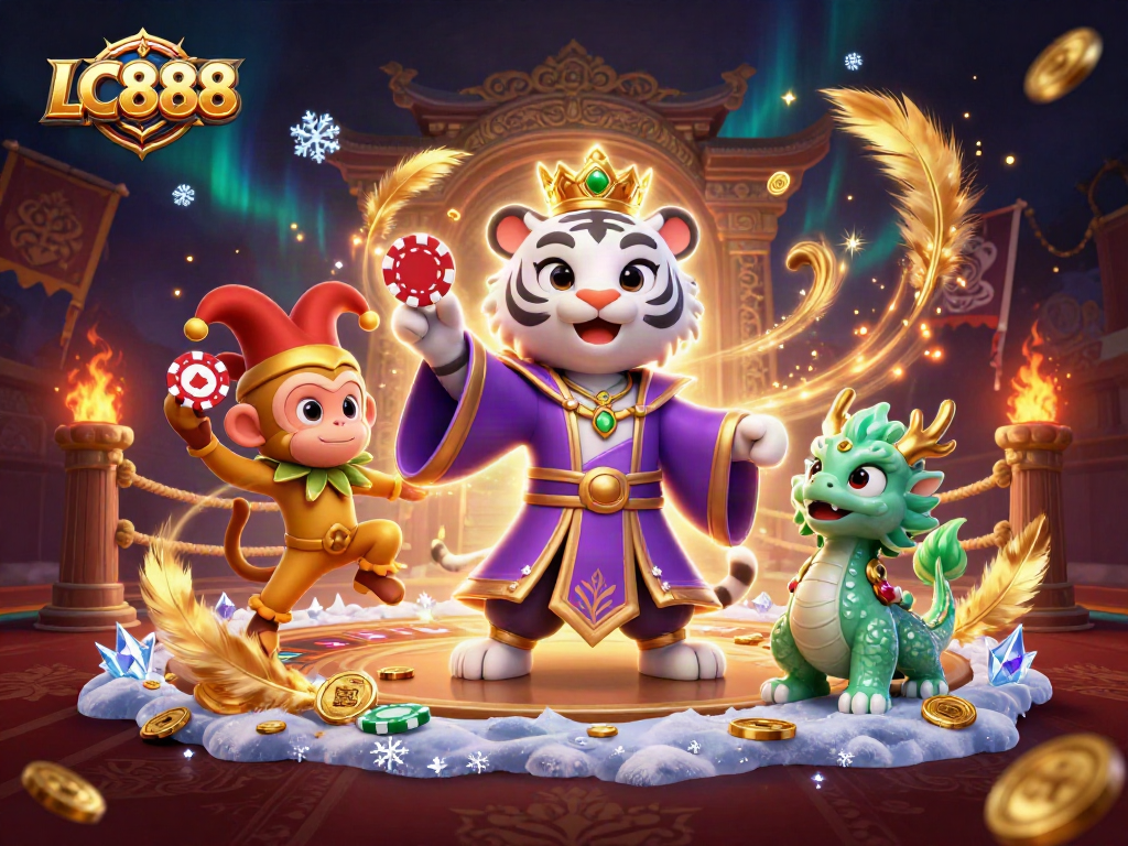 LC888 features a majestic white tiger and lively monkey amidst a vibrant casino scene.