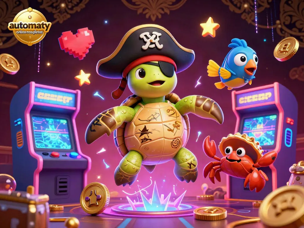 Engaging 3D illustration of automaty online na pieniądze with colorful arcade elements, featuring a cartoon pirate turtle.