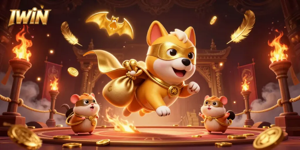 IWIN showcases a vibrant 3D superhero dog and hamster duo, symbolizing excitement in gambling.