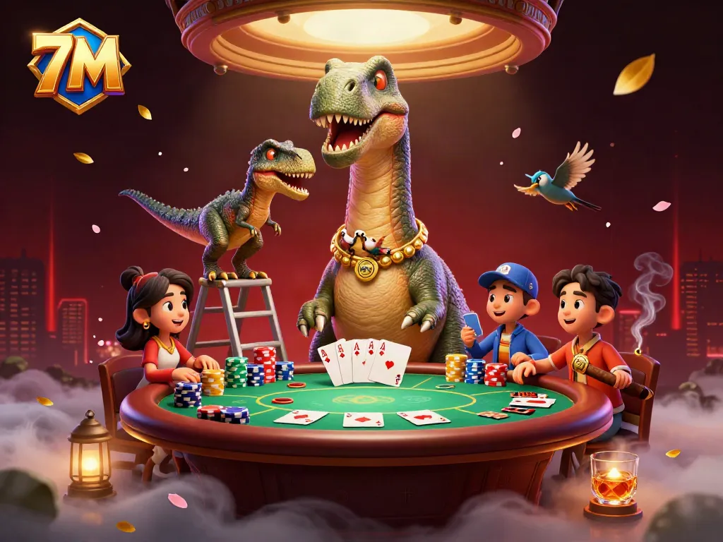 Experience epic poker action with 7M's dynamic online gaming scene featuring a brontosaurus dealer.