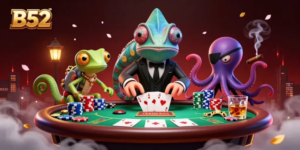 B52-themed casino scene with a secret agent chameleon, a tech-gecko, and a villainous octopus amidst poker chips and cards.