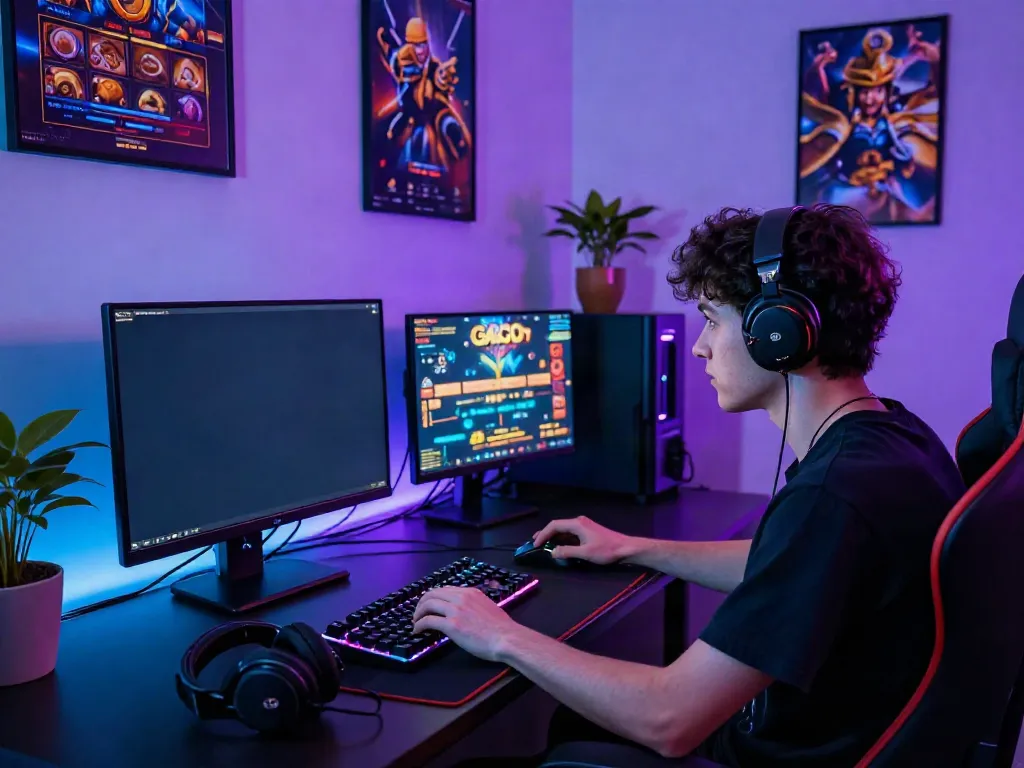 Exciting gaming scene featuring a player engaged in an online slot gacor game, complete with vibrant graphics and essential gaming gear.