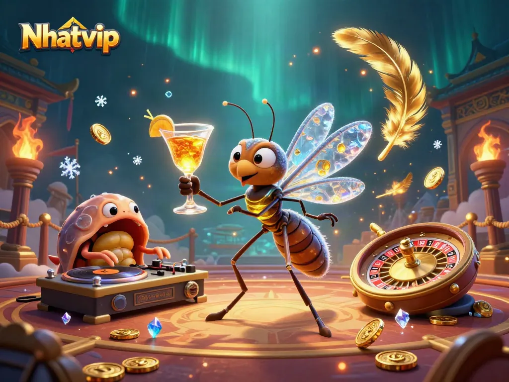 Engage with Nhatvip as a vibrant casino lifestyle scene featuring dynamic characters and energetic casino elements.