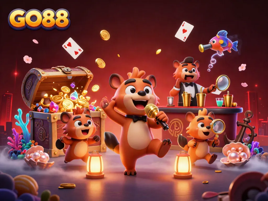 Engage with GO88's vibrant casino atmosphere featuring lively hyenas, immersive game elements, and dynamic interactions for an exciting gaming experience.