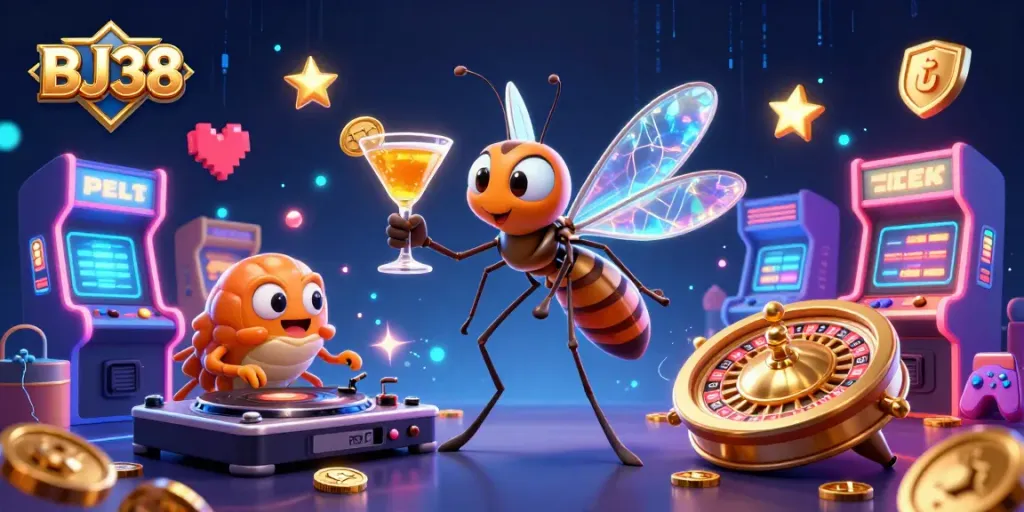 Experience exciting gaming at BJ38 with vibrant characters and dynamic casino elements in this ultra-detailed illustration.