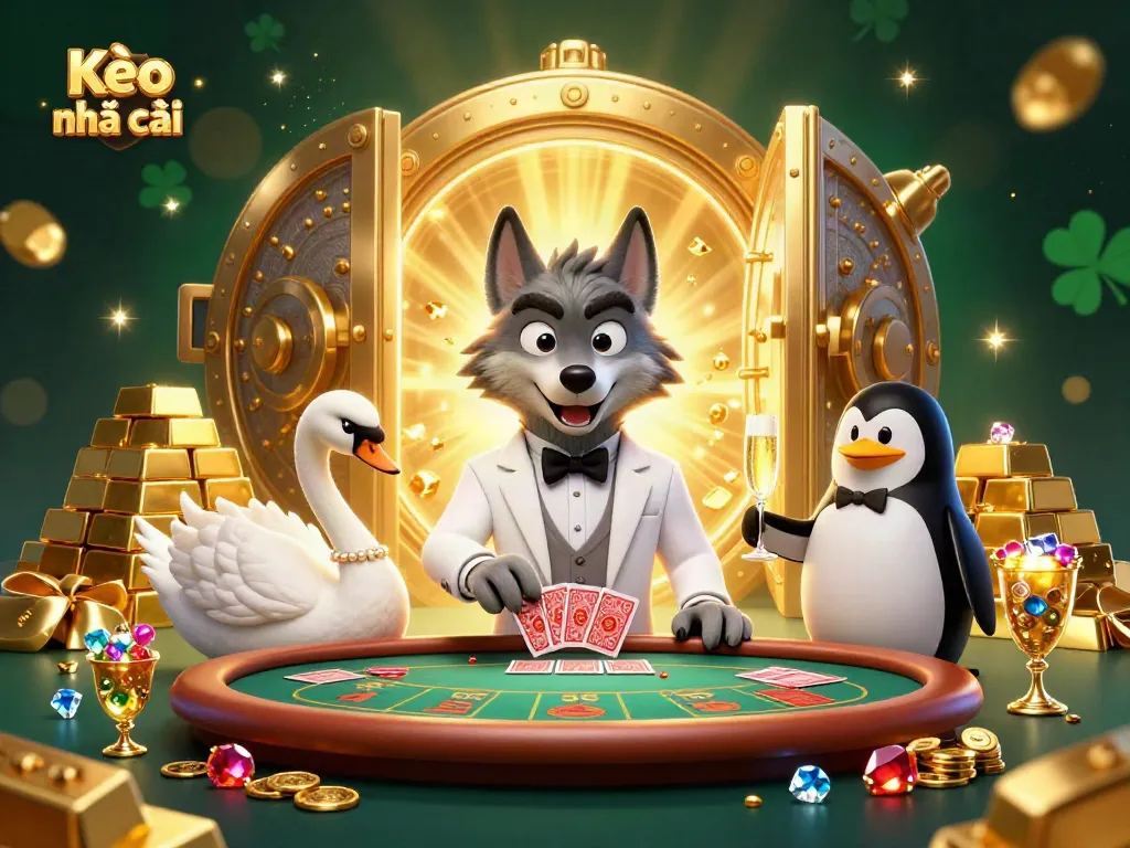 Engage in Kèo nhà cái action with a stylish wolf and elegant characters at a vibrant baccarat table.