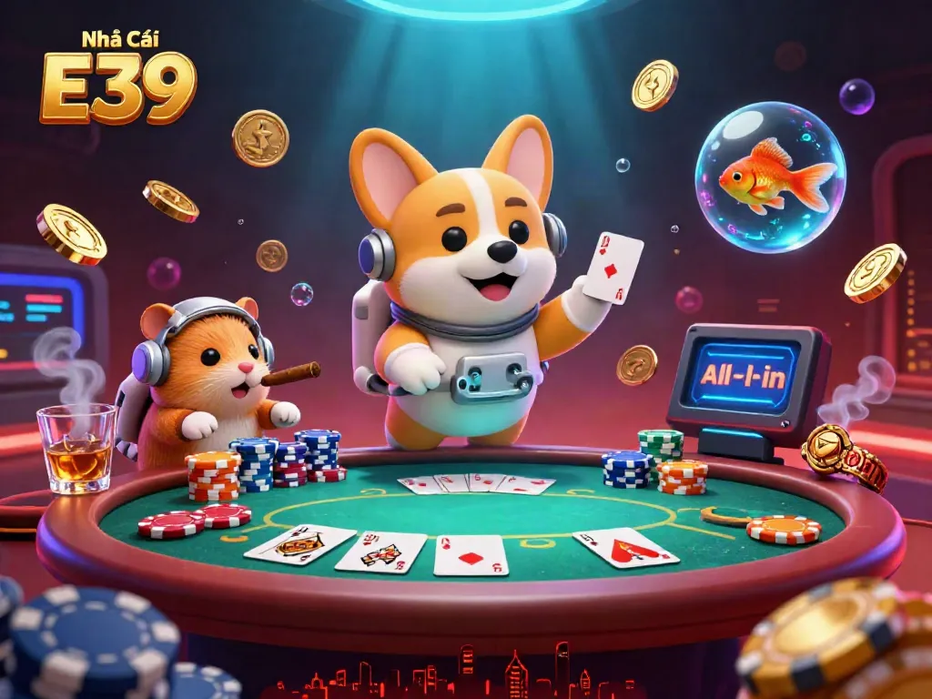 Experience the thrills with Nhà Cái E39 in this vibrant casino illustration featuring an astronaut corgi among floating poker chips.