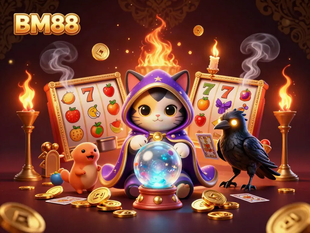 Experience the enchanting allure of BM88 with a mystical scene of fortune tellers and vibrant casino elements.