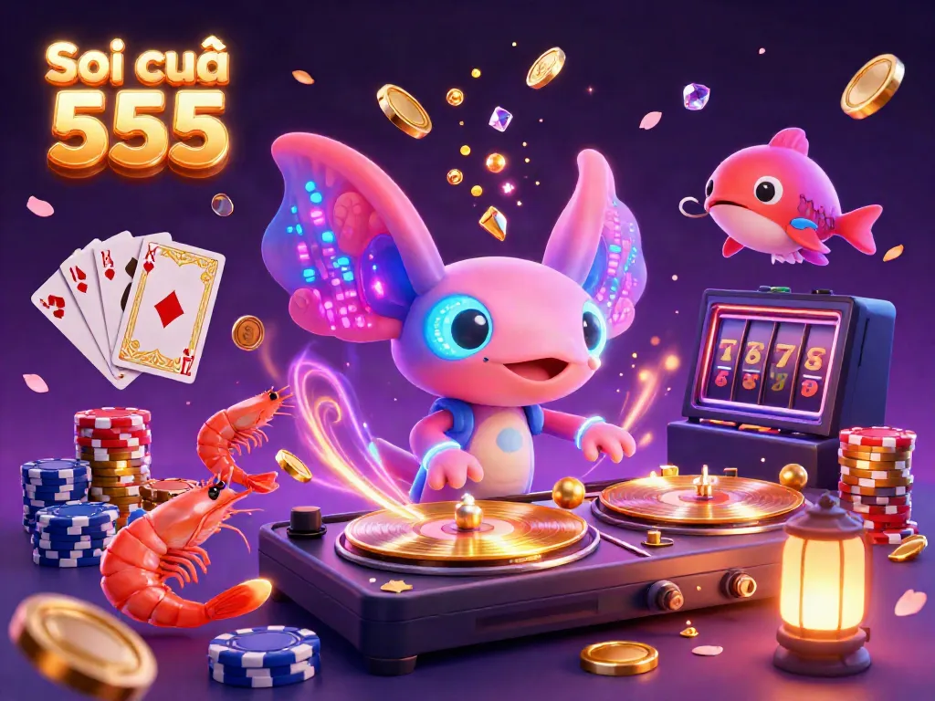 Soi cầu 555 illustration featuring a neon-colored axolotl DJ spinning records with shrimp dancers and a hype fish, surrounded by casino elements like coins and roulette.