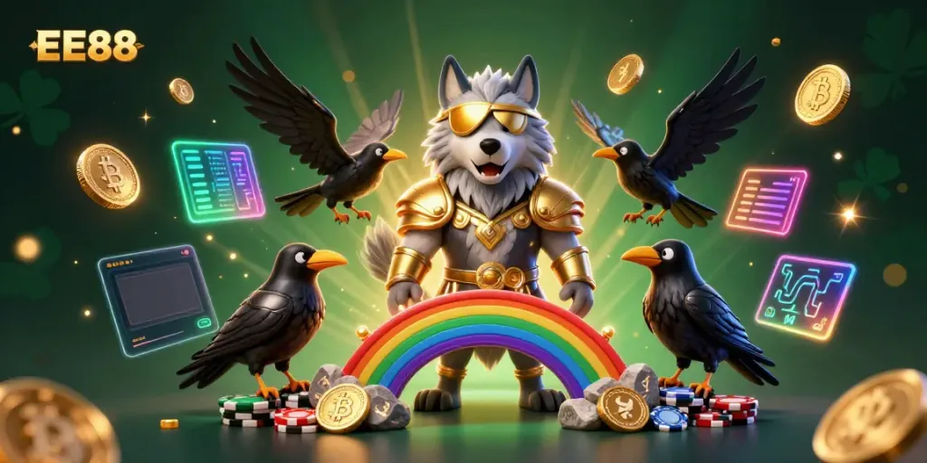 Experience thrilling gaming with EE88 on a vibrant rainbow bridge made of casino chips.