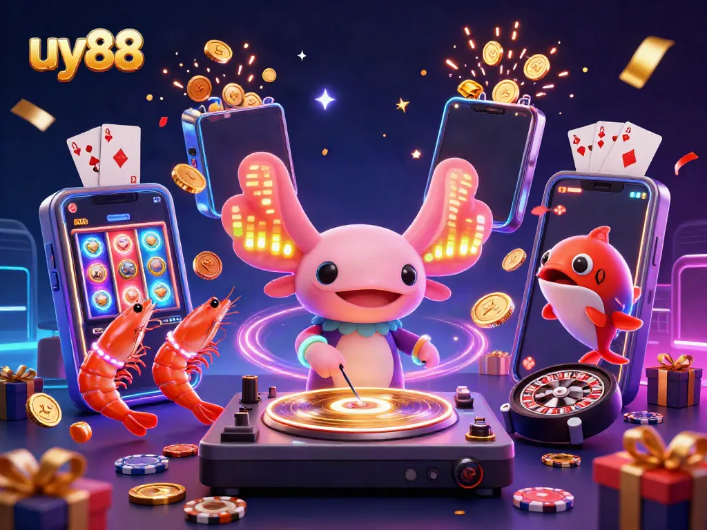 Experience the vibrant energy of uy88 with a neon-themed casino party scene illustrating gameplay excitement and prizes.