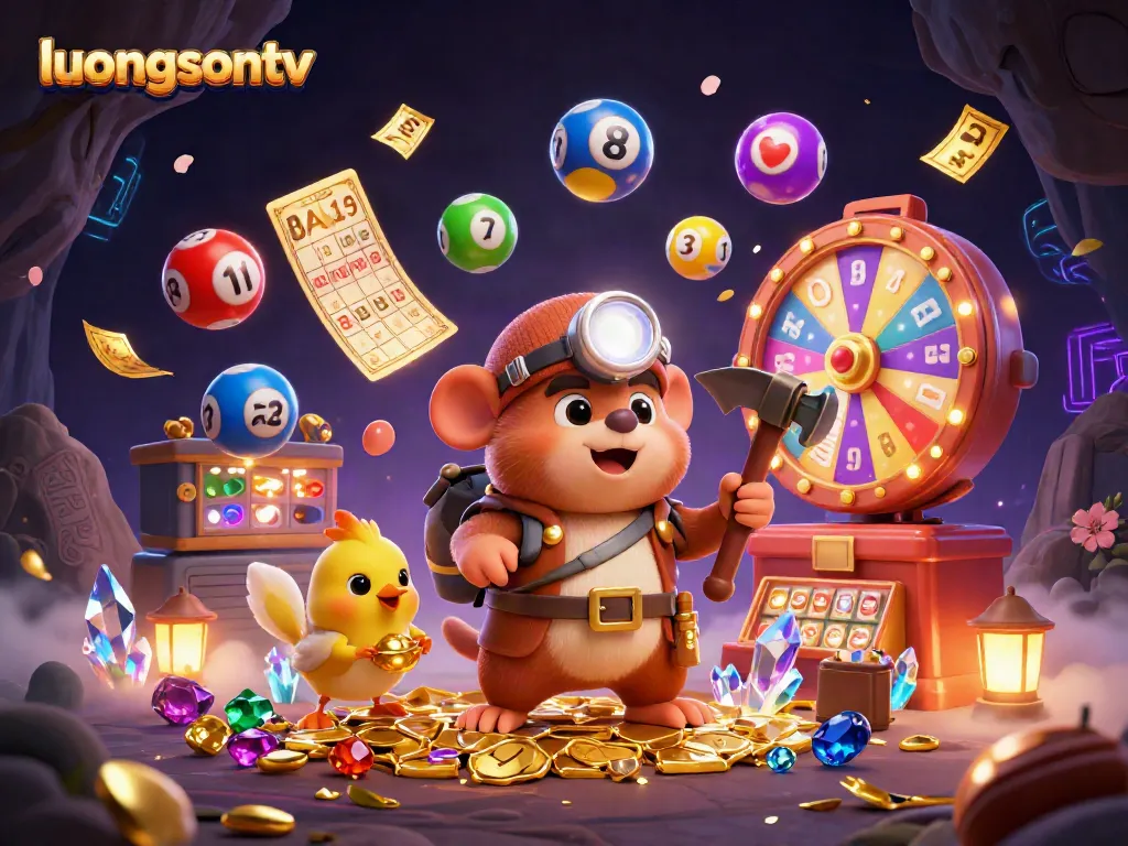 Experience exciting lottery games with luongsontv, joining colorful numbered balls and dynamic prizes in a vibrant scene.