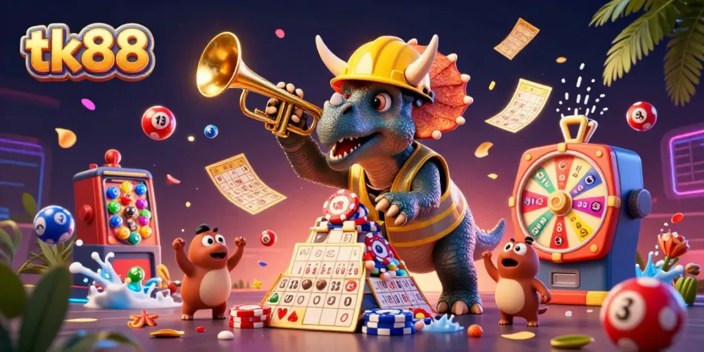 tk88 casino-themed illustration featuring a triceratops building poker chip pyramids.