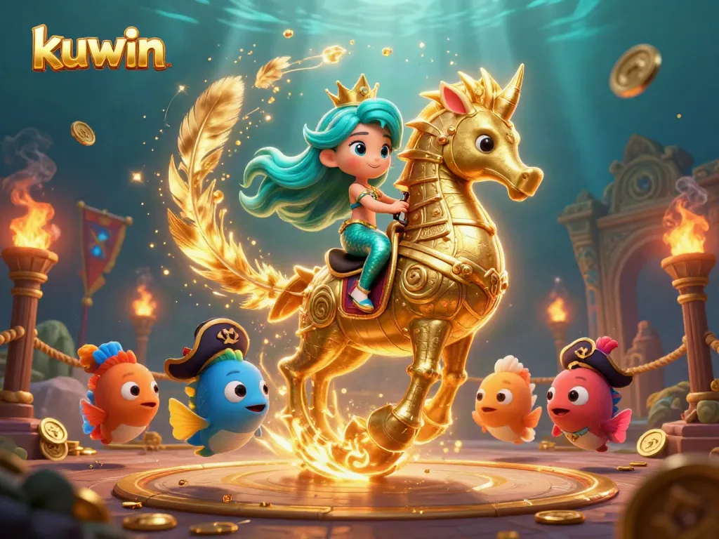 Kuwin's vibrant underwater casino scene featuring a mermaid princess and giant seahorse amidst colorful marine life and gaming elements
