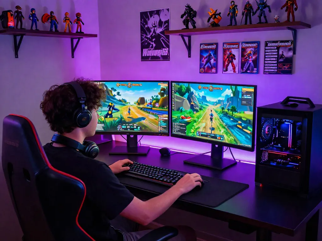Gaming scene at warung168 with dual monitors, gaming peripherals, and vibrant LED lights.