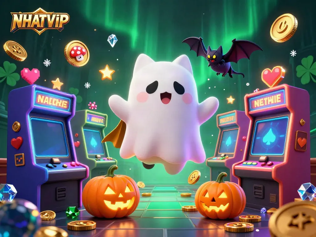 Engage in exciting gaming adventures with NHATVIP's dynamic haunted casino scene, featuring a ghost cat and arcade elements.