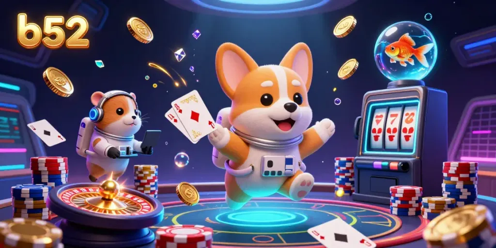 Experience winning thrills with b52 casino, featuring a vibrant space station scene of an astronaut corgi surrounded by sparkling slots.