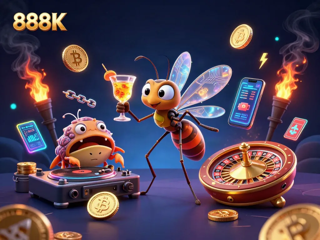 Experience thrilling gameplay at 888K with an exciting digital casino scene filled with vibrant characters and crypto elements.